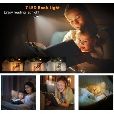 skaitymo lemputė,„Book Light Mini 7 LED“ įkraunama 3 lygių šilta šalta balta lanksti 6